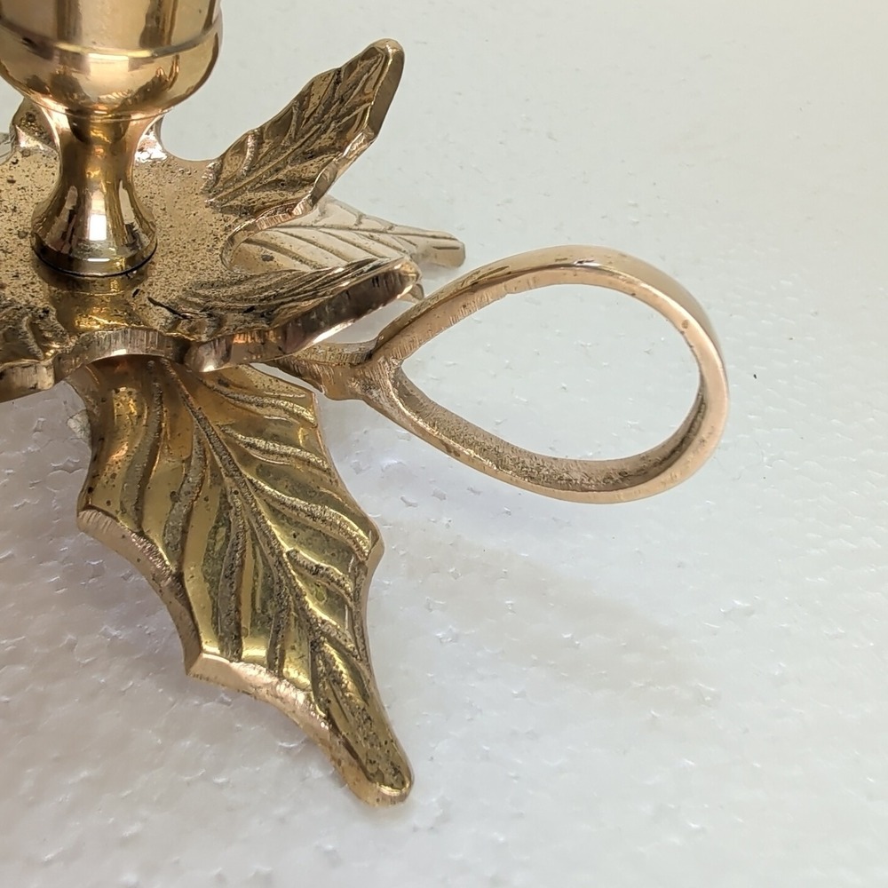 Brass Candlestick Holder Holly Leaves Christmas Decor Made In India W/Handle 3" - Picture 6 of 7